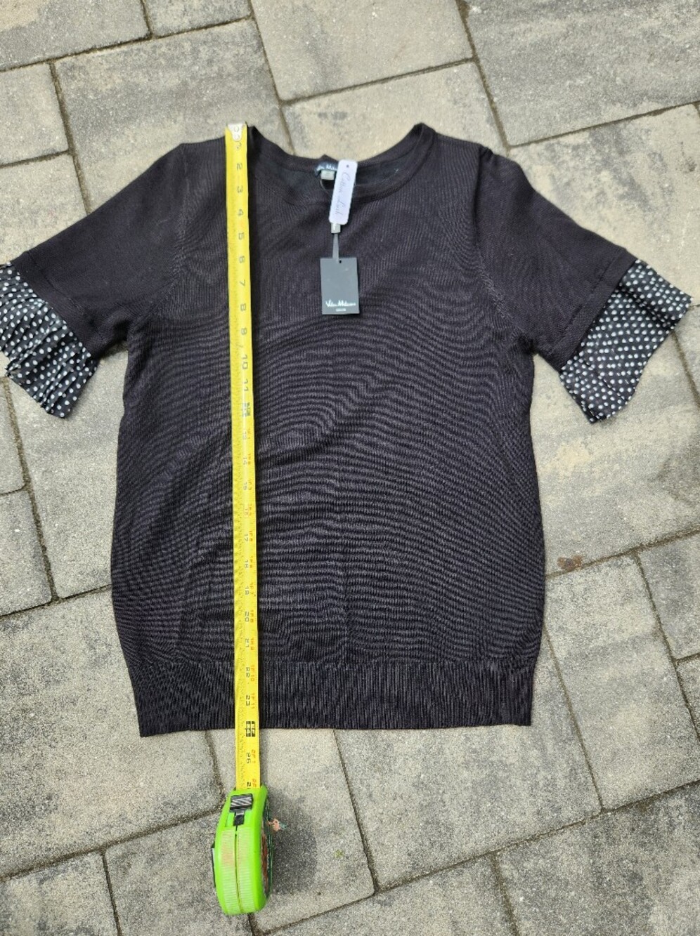 Milano Black Crewneck Short-Sleeve Sweater with Polka Dot Cuffs,medium
